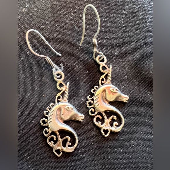 silver earrings, unicorn.  They are stamped 925. Worn a few times, like new. - Picture 2 of 4